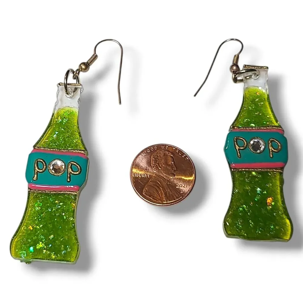 Vintage‎ Green Confetti Acrylic Soda Pop Bottle Dangle Earrings